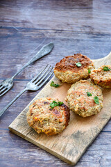 Home made  fried meatballs   on wooden rustic background.Cutlets from beef and pork meat.