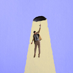 Young man wearing retro style suit flying with umbrella isolated on blue background. Contemporary art collage.