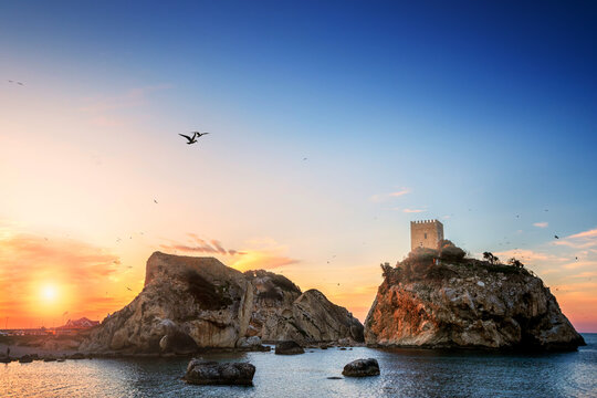 Landscape of Sile with sunset in Istanbul, Turkey. it is at the northernmost point of Istanbul and thus shares the same sea conditions as other Black Sea towns where strong sea undercurrents.