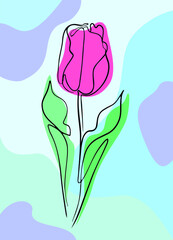 Tulip flower drawn with one line and color spots. One line artwork flat style. Minimalist contour drawing. Collection of plants for postcard, banner, poster and wall decoration.