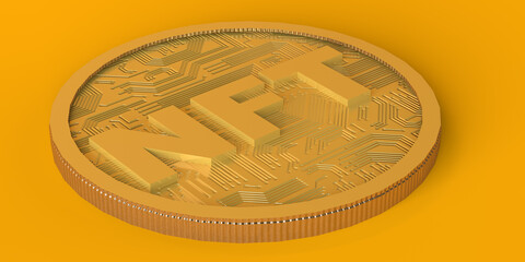 Coin with non fungible token. NFT on the blockchain. Copy space. 3D illustration.