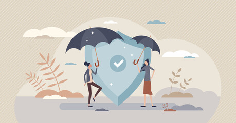 Adverse selection in insurance as different risk coverage tiny person concept. Financial protection policy with uneven support or unfair safety assistance vector illustration. Various umbrella sizes. - obrazy, fototapety, plakaty