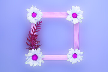 wooden frame with chrysanthemum flowers. Beautiful white chrysanthemum flowers, wooden  photo frame on Very Peri background, top view, flat surface.  Women's Day, Flower Card. Very Peri