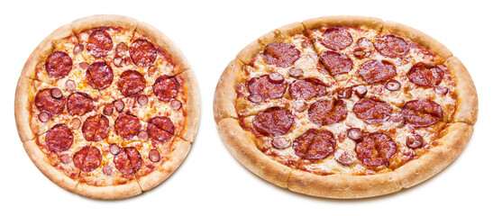 Delicious pizza with mozzarella, salami, sausages and tomato sauce, isolated on white background