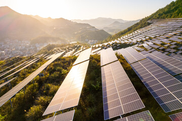 aerial view of solar power panels on hill - 478467898