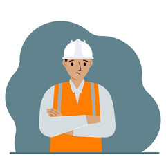 Sad male construction worker in a white helmet and an orange vest. Vector