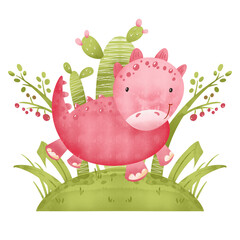 Cute dinosaur and plants hand drawn watercolor character. Prehistoric animal on colored background. Cartoon baby illustration. © AngArt