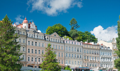 Fototapeta na wymiar Travel to Karlovy Vary from Czech Republic, 2021. View to the beautiful landmarks architecture old buildings of this city in a beautiful sunny day. 