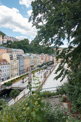 Travel to Karlovy Vary from Czech Republic, 2021. View to the beautiful landmarks architecture old...