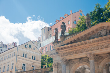 Travel to Karlovy Vary from Czech Republic, 2021. View to the beautiful landmarks architecture old buildings of this city in a beautiful sunny day. 