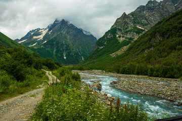 Naklejka na ściany i meble Mountain landscape, Dombai Caucasian Mountains, Russia