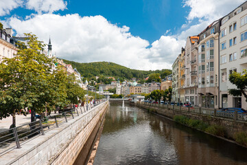 Travel to Karlovy Vary from Czech Republic, 2021. View to the beautiful landmarks architecture old...