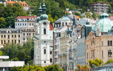 Travel to Karlovy Vary from Czech Republic, 2021. View to the beautiful landmarks architecture old...