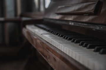 Fototapeta na wymiar An old piano in an abandoned building. A beautiful musical instrument. Old black abandoned piano with keys.