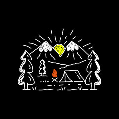 vector design of mountains of trees, camping tent and bonfire in hand drawing
