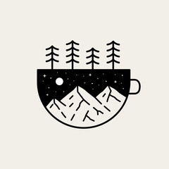 Outdoor nature mountains design in cup glass frame in mono line art ,badge patch pin graphic illustration, vector art t-shirt design