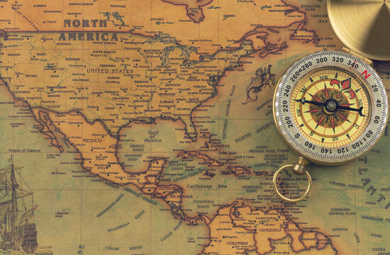 Vintage world map with compass. North America