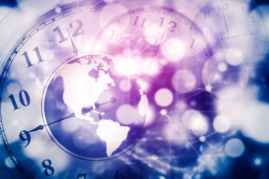 Double exposure of globe and clock in cyberspace