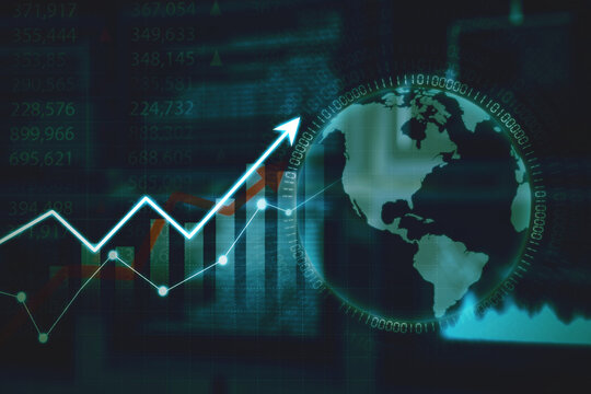 Globe hologram and upward arrow with code binary
