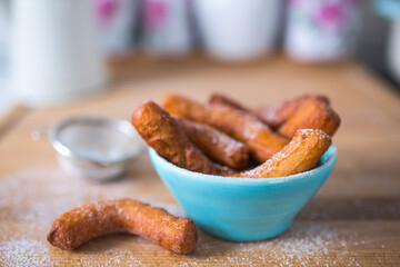 Delicious homemade churros, traditional Spanish delicacy.