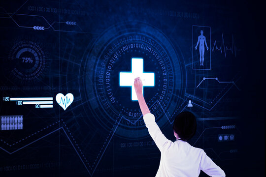 Young woman touching medical icon button