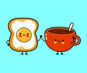 Cute, funny happy cup of coffee and bread with eggs character. Vector hand drawn cartoon kawaii characters, illustration icon. Funny cartoon paper cup and bread with eggs friends concept