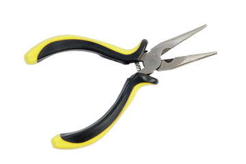 Close up needle nose pliers with black and yellow handle isolated on white background.