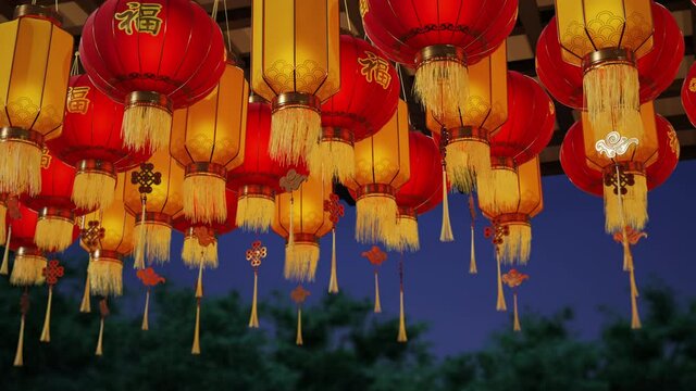 Traditional Chinese red, yellow colored lanterns. Colorful Asian paper lamp. Evening, night sky on background. Festive light. Chinese new year celebration mood. Happiness, health, wealth. 3D Render 4K