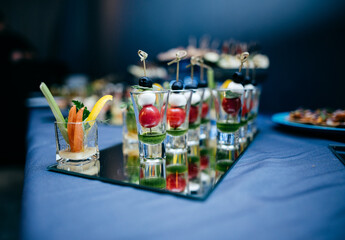 Light snacks in a plate on a buffet table. Assorted mini canapes