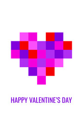 vector minimalist greeting card for the day of love and lovers. text "Happy Valentine's Day". pink pixel heart on a white background. useful for print, postcard, poster, card, web and graphic design