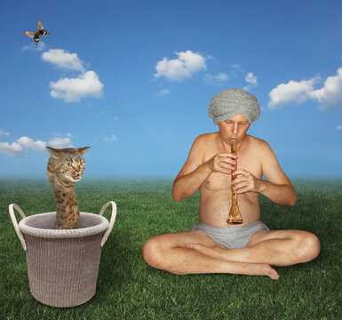 A man snake charmer in a turban is playing the flute for a beige cat snake in a knitted basket.