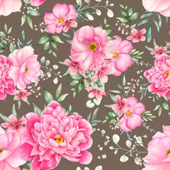 Behang beautiful seamless pattern flowers and leaves watercolor © mariadeta