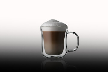Double glass cup isolated. Coffee cup cappuccino. Double glass cappuccino cup on the mirror. Glass cup of coffee on glass.