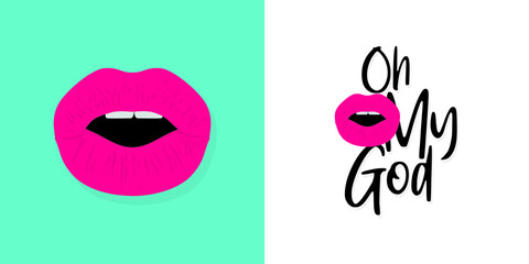 Creative Template Design of Oh My God. Conceptual Typography of Oh My God. Editable Illustration of Sexy Red Lips of Woman.