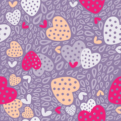 Romantic pattern with pink and orange hearts and doodles on a gray background. Vector illustration. Pattern for Valentines Day