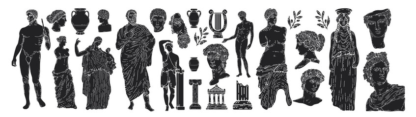 Greek marble statues aesthetic vector hand drawn illustration set. sculptures of human body and architectural elements. greek gods and mythology, ancient greece graphic design elements.
 - obrazy, fototapety, plakaty