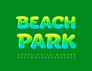 Vector green Poster Beach Park. Bright Glossy Font. Modern Alphabet Letters and Numbers set