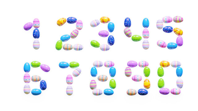 Easter illustration. BNumbers from 0 to 9 formed with easter eggs. 3D stylized image