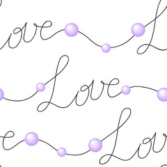 Seamless vector pattern. The inscription Love and beads on a white background. Valentine's Day. Package. Wallpaper.