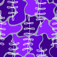 Seamless vector pattern. White leaves on a background of purple spots. Wrapping paper. Cover. Wallpaper. Background.