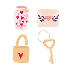 Hand drawn Valentine's Day objects. Cute pink elements isolated on white. vector illustration. February 14 gift collection envelopes with pink heart, Key and closed lock jar with heart