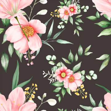 beautiful seamless pattern flowers and leaves watercolor