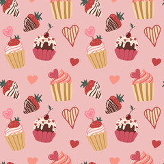 Vector seamless pattern with hearts and chocolate-covered strawberries. Cupcake. Valentines. Symbols of Valentine s day. Hand drawn illustration. The print is used for Wallpaper, fabric, textile.