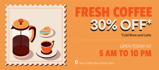 Coffee Shop Sale Banner in Postage Stamp Illustration