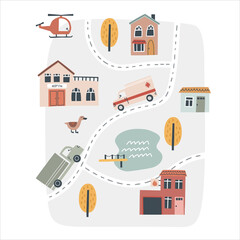 Cute town map. Hand drawn vector illustration for nursery