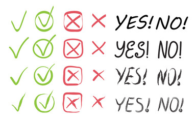 Check and cross mark vector set. Marker cross brush signs. OK and X icons in hand drawn style. YES and NO button.