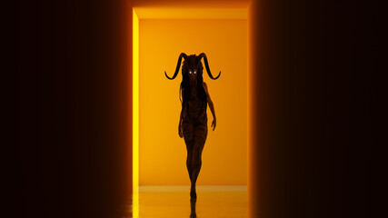 Witch Doctor Walking Woman Witchcraft Demon Halloween Orange Corridor Head Dress Horns 3d illustration render