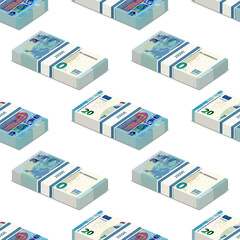 3d seamless pattern. Bundles of EU paper money with a bank tape. The obverse and reverse of the 20 euro banknotes are staggered symmetrically on a white background