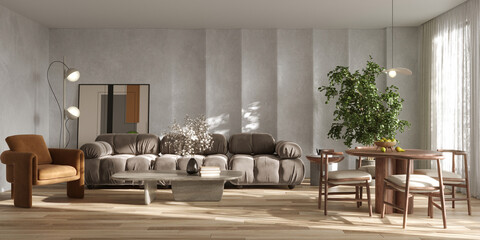 Stylish living room interior with design furnitre and elegant accessories, 3d render
