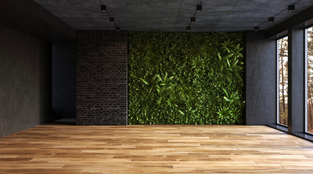 Vertical Green Wall in modern living room interior, 3d render 